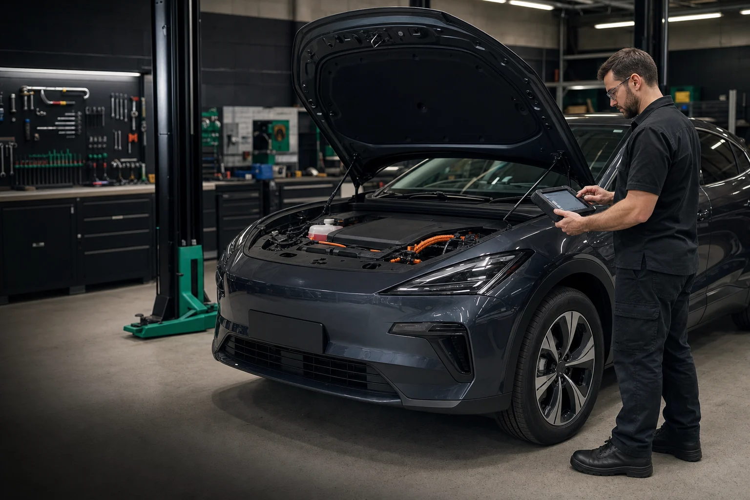 Technician completing a scheduled service inspection on an electric vehicle