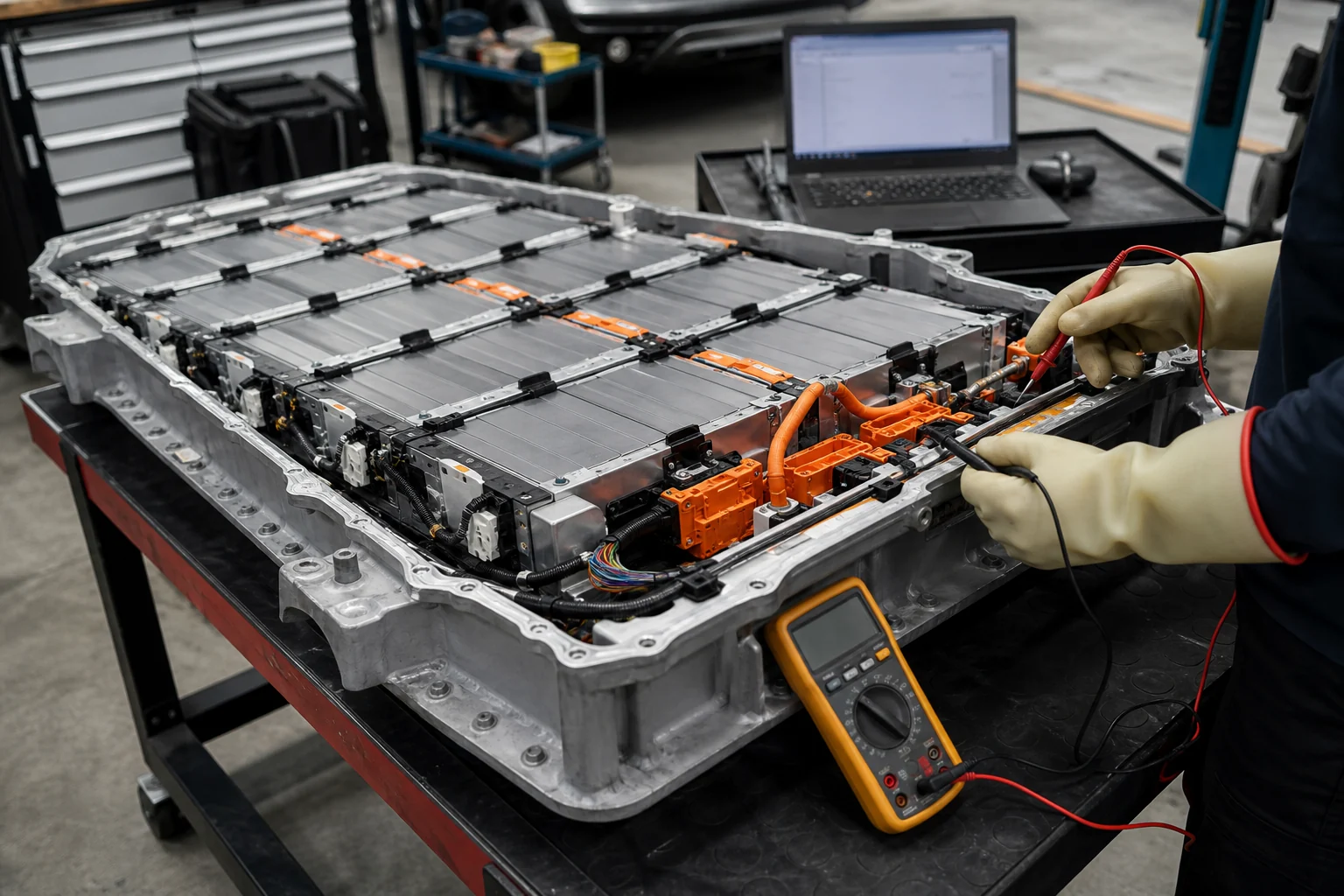 High-voltage battery pack undergoing diagnostic testing with insulated probes