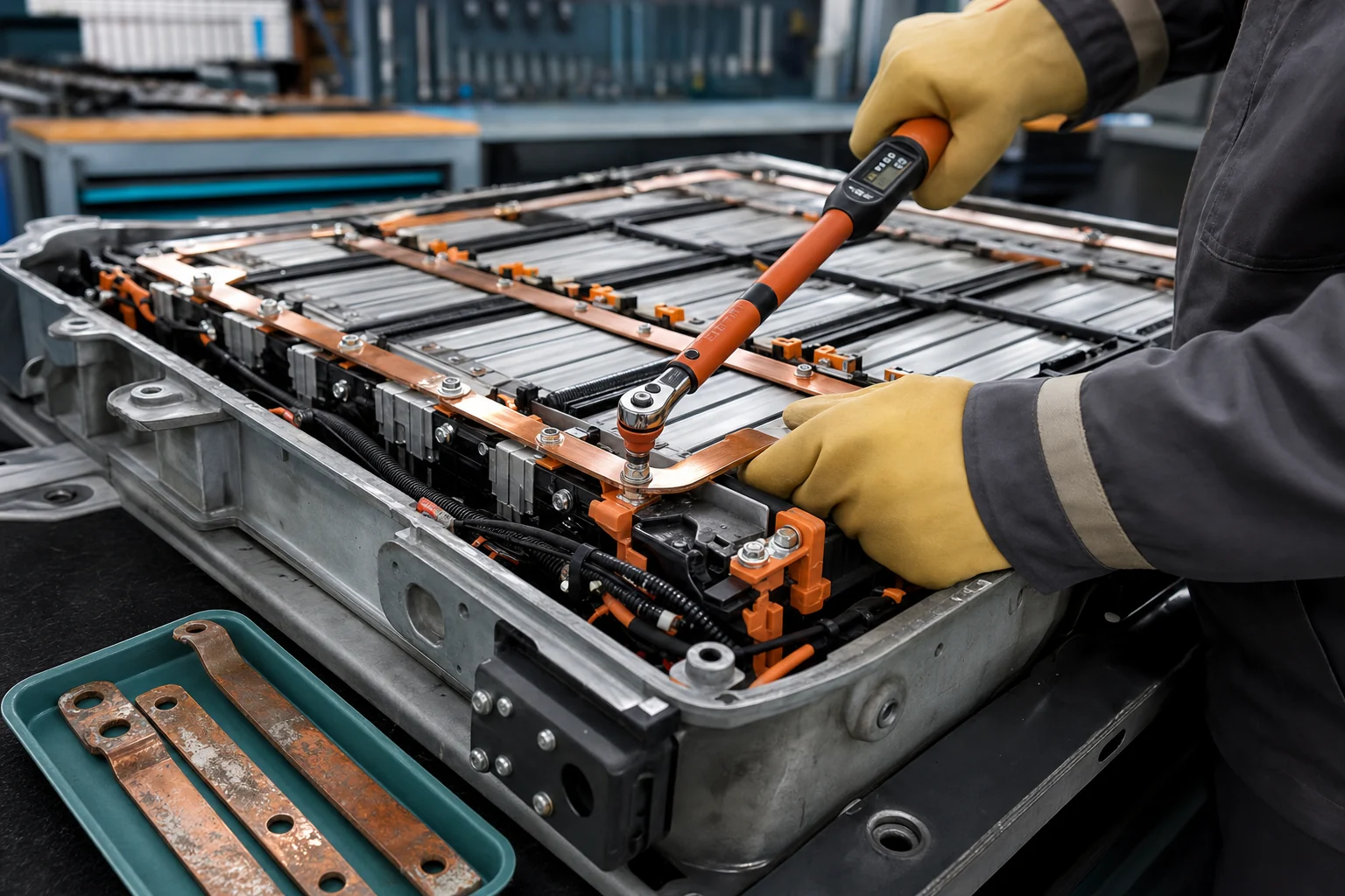 Copper busbars being refitted to a high-voltage battery using an insulated torque wrench