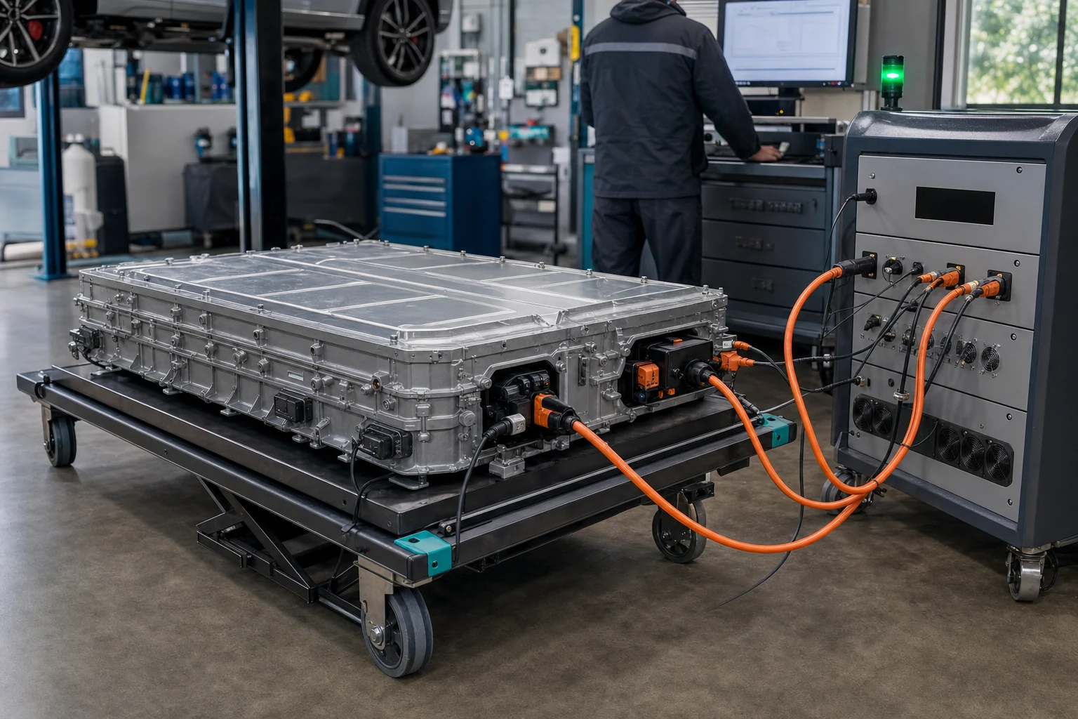 Reassembled high-voltage battery pack connected to professional validation equipment